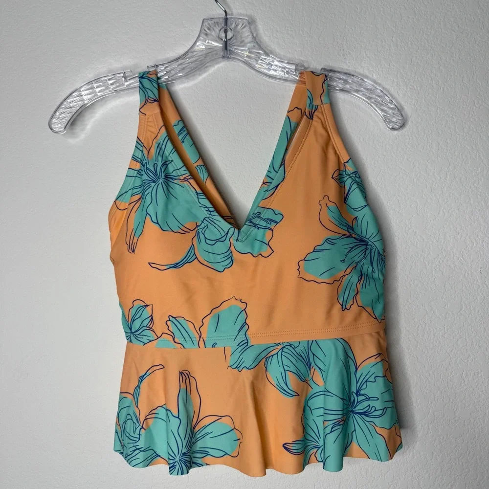 Cupshe Peach Orange Teal‎ Blue Floral Peplum Tankini Swim Top Size 0X NEW